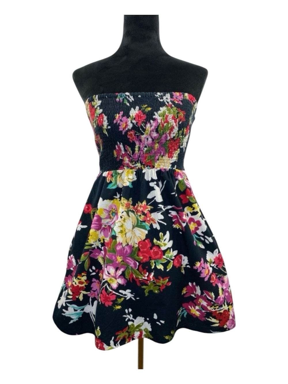 Vintage Y2K Fire LA Floral Strapless Smocked Mini Dress With Pockets Size Medium